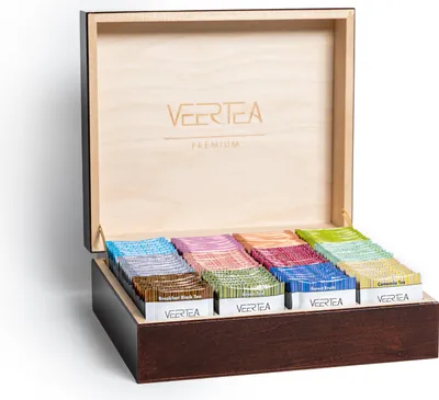 Produktbild von Veertea Tee - Teebox - Tee Geschenkset - Tea Set - Sorgfältig Ausgewählte Sorten - Box Holz - Teemischung - 12 Geschmacksorten, 180 Beutel - Braun