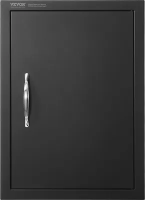 A black grill access door with a silver handle.
