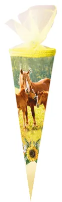 Produktbild von Nestler Schultüte 50cm rund Tüllverschluss mit Textilborte "Fohlenweide"