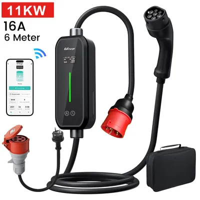 Immagine prodotto di APP Caricabatteria EV portatile 11kW 2 cavi di ricarica da 6 m Adattatore spina CEE 6-16A, corrente regolabile controllata con display LCD Spina Schuko
