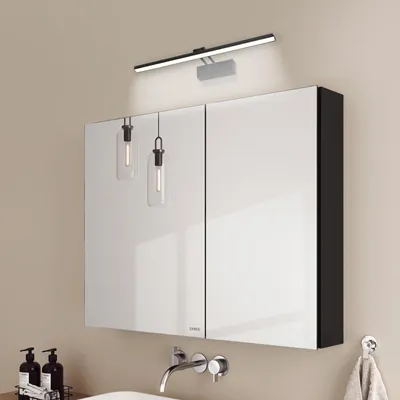 Produktbild von EMKE Spiegelschrank und Spiegellampen,85x65x14.5cm 2 Glasböden Schwarz Badspiegelschrank und Schwarz Wandleuchten Kaltweiß Licht 6500k