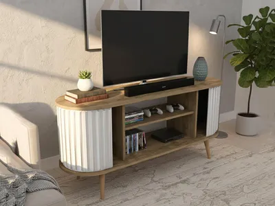 Produktbild von Fernsehschrank Aludra, Ständer für Wohnzimmerfernseher, Niedriges Wohnzimmer-Sideboard, TV-Ständerbasis, 140x43h64 cm, Eiche und Weiß