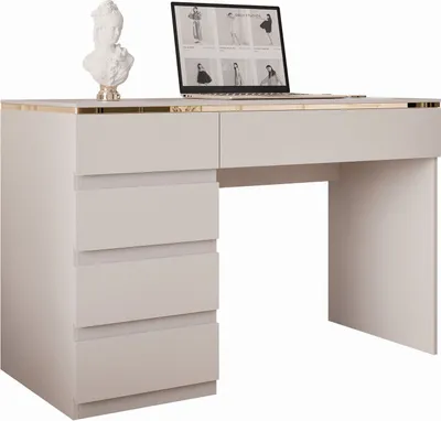 A white desk with drawers and a laptop on top.
