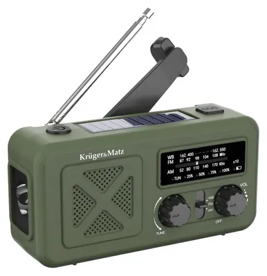 Zdjęcie produktu dla Kruger&Matz KM0835 – radio słoneczne z powerbankiem 2000 mAh, alarmem SOS, latarką LED, kolor zielony