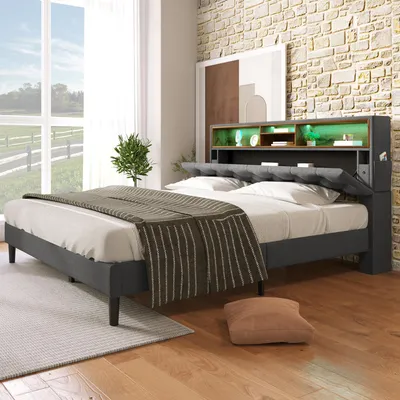 Image de OKWISH Lit déco 140 x 200 cm – Tête de lit coffre avec LED – Sans matelas – Gris