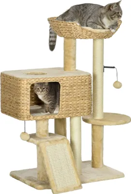 Produktbild von PawHut Katzen Kratzbaum 98 cm Katzenbaum mit 2 Leigefläche, Kratzsäulen, Kletterbaum Spielball, Katzenmöbel mit Katzenhöhle für Katzen bis 6 kg, Sisal, Wasserhyazinthe, Beige