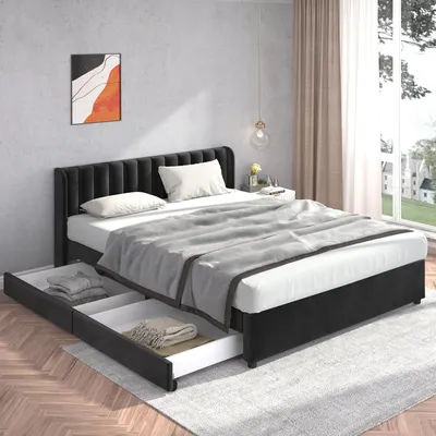 Produktbild von MODFU Polsterbett bett 180x200cm mit 2 Schubladen und Lattenrost Komfortables Kopfteil Samt, Schwarz(Ohne Matratze)