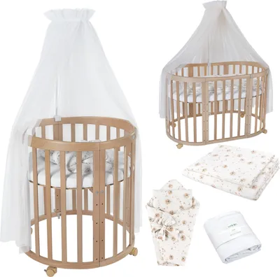 Produktbild von Waldin Babybett OWAL Kinderbett 7in1 mit Matratze, mitwachsendes Kinder-Bett,Stoffe Weiß Löwenzahn,Holz natur