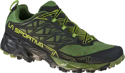 Trailrunning-Schuh "Akyra" von La Sportiva in grün mit schwarzem Obermaterial und rutschfester Sohle.