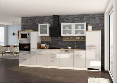 Produktbild von Küchenzeile komplett 370 cm weiß mit Design-Glashaube MARANELLO-03 inkl. E-Geräte, Weiß Hochglanz mit E-Geräten B x H x T ca. 370 x 200 x 60cm