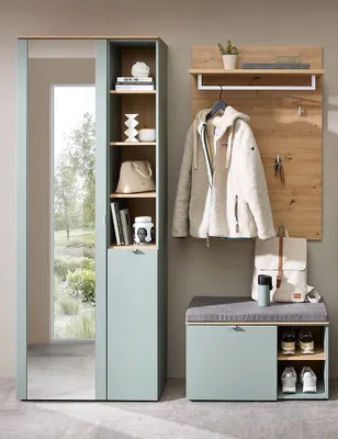 Produktbild von Garderobe modern 3-teilig mit Garderobenpaneel grün matt mit Eiche BLISS-36