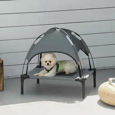 Immagine prodotto di Cuccia per cani - Cuccia rialzata con copertura - Realizzata in nylon traspirante - Struttura in metallo - Adatta per l'esterno - Taglia S - Grigia