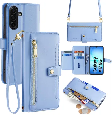 Produktbild von Handykette für Samsung Galaxy A17 Hülle mit Band Handyhülle Kartenfächer Kunstleder Umhängetasche in Hellblau