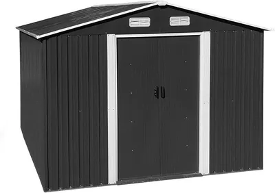 Imagen del producto de Caseta de jardín, cobertizo para herramientas, 392x257x178 cm. Cobertizo de metal con techo a dos aguas, base, puerta corredera, color antracita