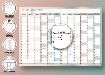 Immagine prodotto di Calendario da parete A3, panoramica annuale 2025, formato 29,7 x 42 cm, per l'organizzazione