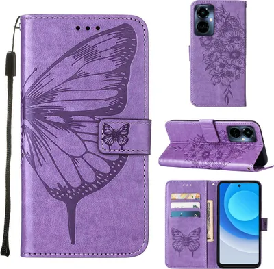 Produktbild von Tecno Camon 19 Pro 5G Hülle, Schmetterling Prägung Flip Leder Kartenfächer Schutzhülle Ledertasche mit Ständer für Tecno Camon 19 Pro 5G Violett