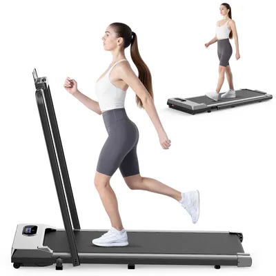 Produktbild von 2-in-1-Klapp-Laufband - Bis zu 120KG - Laufband 1-8 km/h - Bürstenloser 2,5PS-Motor - Mit Armlehne und LED-Anzeige - Silber
