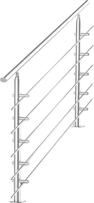 Edelstahl Treppengeländer bestehend aus oberen 80 cm Handlauf und zwei Standpfosten mit 5 Querstreben auf Treppe
