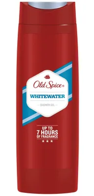 A red bottle of Old Spice Whitewater shower gel against a white background.