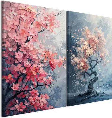 Produktbild von murando - Handart Set Blühende Kirschbäume 80x60cm 2 Teilig je 40x60cm Collage 2er Vlies mit Acrylgel Beschichtet Wandbilder Leinwand Bilder Dekoration - Japanische Kirschblüte p-H-10009-b-a