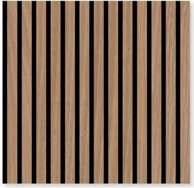 A full shot of a wall panel with vertical wooden slats and black gaps.