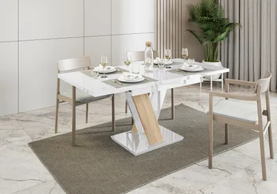 Produktbild von Esstisch MASIV, Stilvoll Ausziehbar Esszimmertisch, Design Tisch, Esszimmer (Weiss Hochglanz + Sonoma)