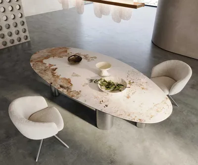 Produktbild von DELIFE Esstisch Edge Oval 280x130 Keramik Minas Melange Weiß-Beige Pilier Edelstahl