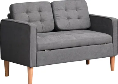 Zdjęcie produktu dla Sofa HOMCOM 2-osobowa, kanapa z miejscem do przechowywania, nogi drewniane, tapicerowana sofa o wyglądzie aksamitu do salonu, sypialni, 117 x 62 x 78 cm, kolor szary