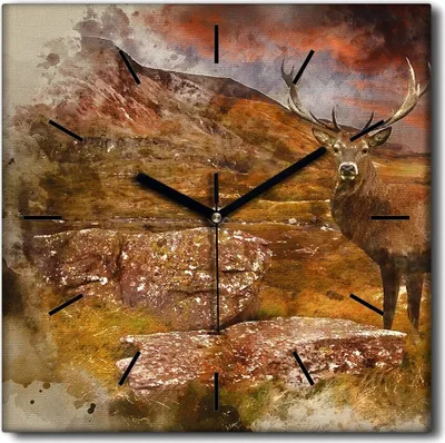 Produktbild von Coloray Uhr auf Leinwand 30x30 cm Wand Uhr Dekoration Wohnzimmer Segeltuch schwarze Hände -Hirschsonnenuntergang
