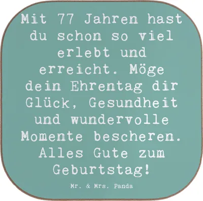 Produktbild von Mr. & Mrs. Panda Tischuntersetzer Spruch 77. Geburtstag Glückwunsch - Meeresbrise - Geschenk, gläseruntersetzer, Weisheit, Erfahrungen, Untersetzer Glas, feiern, Liebe