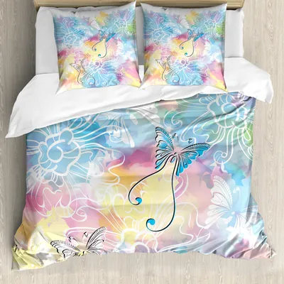 Immagine prodotto di Set copripiumino colorato ABAKUHAUS, sfondo romantico con pennellate sfocate e motivi a farfalle, 155 x 220 cm + 80 x 80 cm, multicolore