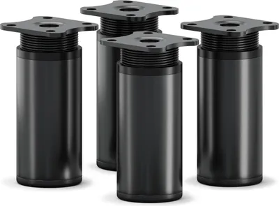 Four black adjustable furniture legs are arranged in a group against a white background.