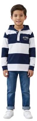 Immagine prodotto di T-shirt a righe in cotone con cappuccio per ragazzi, marca Tommy Hilfiger, taglia 128