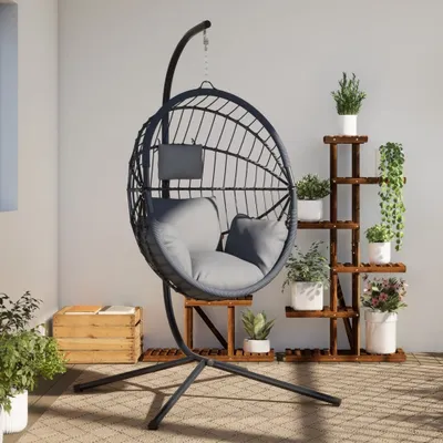 Produktbild von Hängesessel Ei-Design mit Ständer Grau Rattan und Stahl, Hollywoodschaukeln 2024 Neu