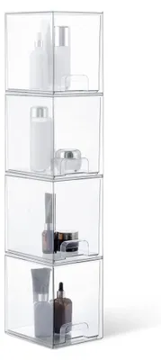 Produktbild von Stapelbare Aufbewahrungsschubladen aus Kunststoff, Aufbewahrungsbox, Kosmetikorganizer, transparent, 15,3 cm x 18,8 cm x 19,6 cm, 4er-Pack
