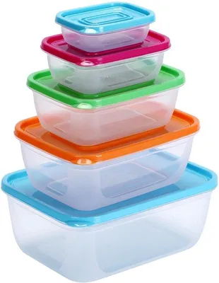 Image de Boîtes en plastique sans BPA - Empilables - Boîtes de rangement rectangulaires avec couvercle - Adaptées au micro-ondes et au congélateur - Plastique - Lot de 5