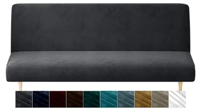 Produktbild von Samt-Futonbezug hochelastisch für armlose Sofas, Elasthan-Stoff, rutschfester Möbelschutz, maschinenwaschbar, grau