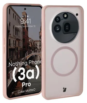 A pink phone case is shown from the front and back, displaying the phone screen and camera module.