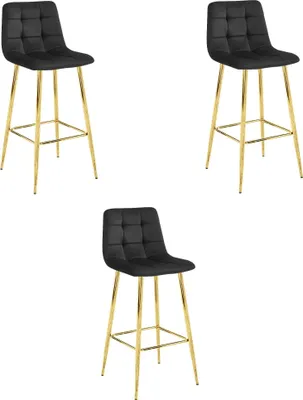 Image de Tabouret De Bar - Leobert - Arceto - Velours Noir/Pieds Dorés - 43,5 X 49 X 102 Cm - Lot De 3