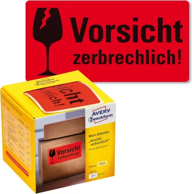 Produktbild von Warnetiketten Vorsicht zerbrechlich! 100x50mm neon rot VE=6x200 Stück