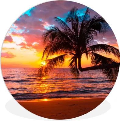 Produktbild von MuchoWow® Rundes Wandbild - Runde Bilder Palme - Sonnenuntergang - Strand - Meer - Horizont Ø 30 cm Kreis Wanddekoration Kunststoff - Wandkreis - Wandschmuck - Schlafzimmer - Bilder - Der Kreis - Kunst für die Wohnung - Plastik - Kunstdruck - Wandbild