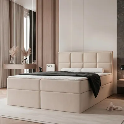 Productafbeelding van Boxspringbed TIOLI 180x200, bed met paneeloptiek, bedopslagen, Bonell-matras, crèmekleurig