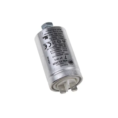 A silver cylindrical capacitor with text and markings on its surface, isolated on a white background.