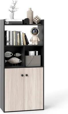 Image de COSTWAY Bibliothèque avec armoire à deux portes, étagère sur pied à 3 étages avec compartiments ouverts, bibliothèque indépendante, 60 x 30 x 140 cm (Noir)