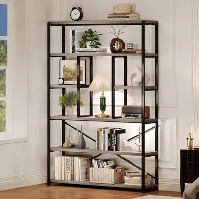 Immagine prodotto di Libreria in legno e metallo, colore grigio chiaro, effetto legno di quercia, 6 ripiani, stile industriale