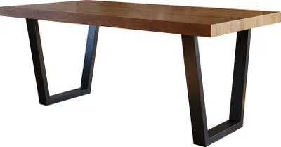 A studio shot of a dining table with a wooden top and black metal legs.