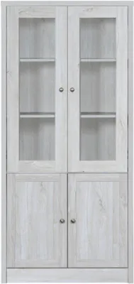 Produktbild von Hochschrank aus Holz mit Glasfronten, 2 Holztüren und Kupfergriffen, 80x34x171 cm, Wohnzimmer, Büro und Eingangsbereich