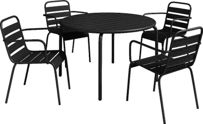 Produktbild von Gartenmöbel-Set aus Metall für den Essbereich – Tisch mit einem Durchmesser von 110 cm und 4 stapelbaren Stühlen – Schwarz – MIRMANDE der Marke MYLIA