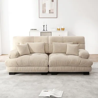 Produktbild von Cloud Ecksofa für Wohnzimmer, Chenille Doppelsofa mit 2 Lendenkissen und 2 Dekokissen, Massivholzrahmen, Chenille Hellbraun