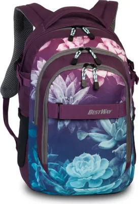 A close-up studio shot of a backpack with a floral pattern.